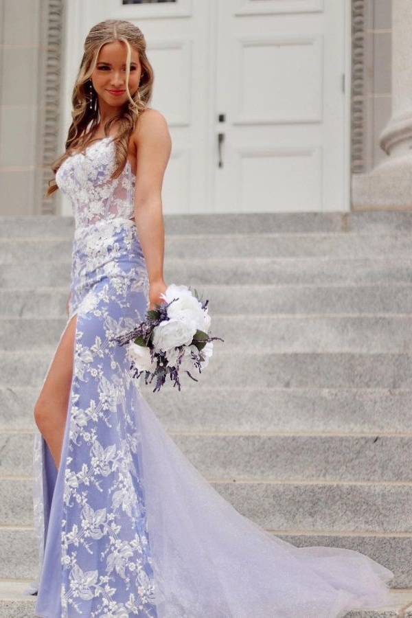 Lavender Elegant Mermaid Lace Tulle Sleeveless Prom Dresses with Slit