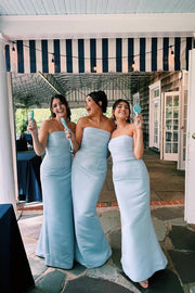 Light Blue Strapless Mermaid Long Satin Bridesmaid Dresses