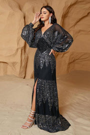 Sequined V-Neck Split Front A-Line Prom Dresses with Long Sleeves