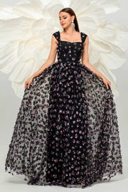 Black A-Line Floor-Length Sleeveless Floral Evening Dresses with Split