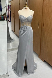 Elegant Sweetheart Sequined Strapless Mermaid Prom Dresses with Slit