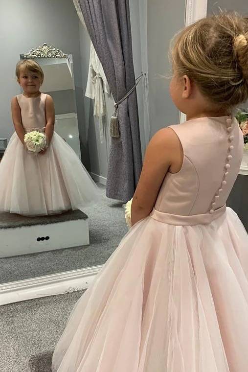 Floor-Length Sleeveless A-Line Satin Tulle Flower Girl Dresses