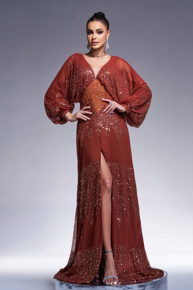 Sequined V-Neck Split Front A-Line Prom Dresses with Long Sleeves