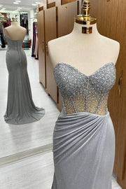 Elegant Sweetheart Sequined Strapless Mermaid Prom Dresses with Slit