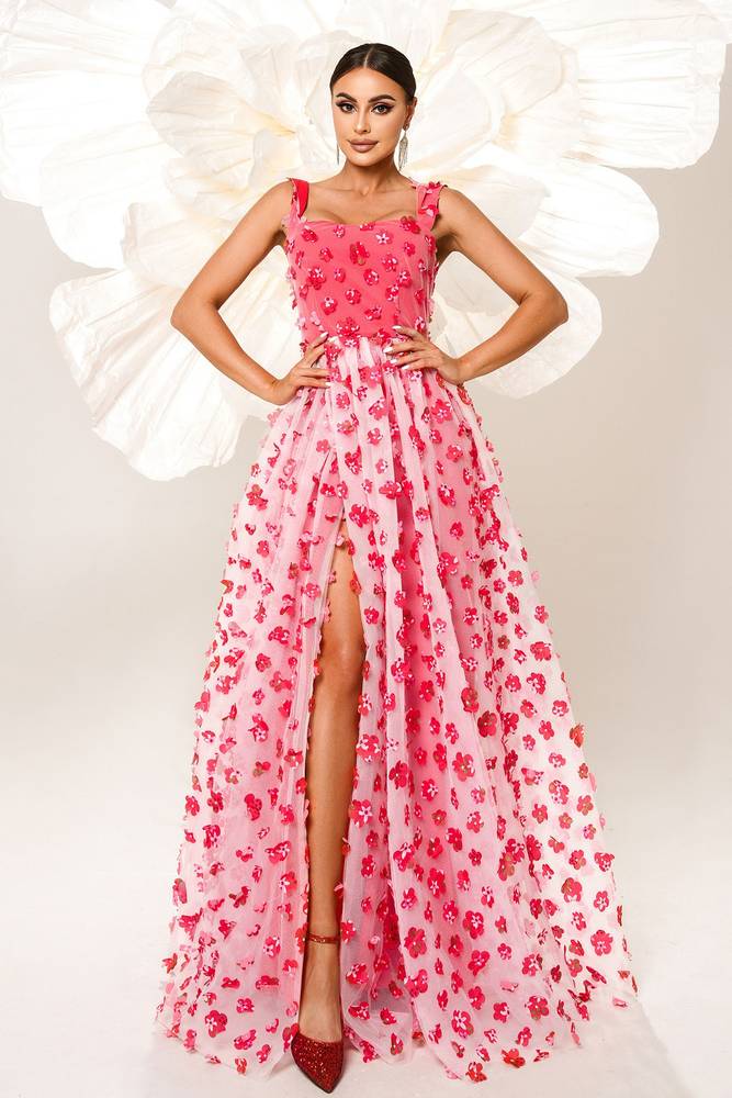 A-Line Floor-Length Sleeveless Floral Evening Dresses with Split