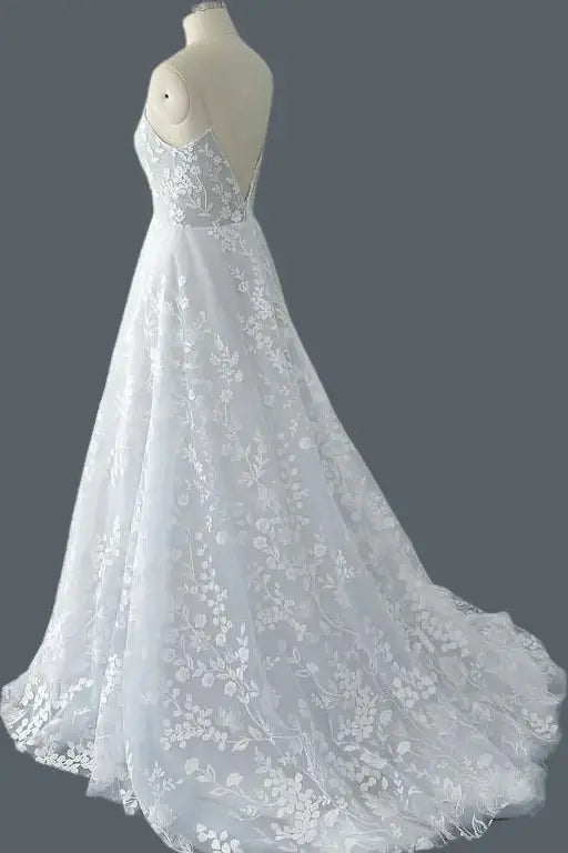 White V Neck A-Line Lace Long Wedding Dress with Applique Side