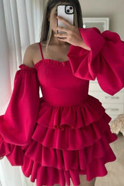 Fuchsia Tiered Off-The-Shoulder Long Sleeves A-Line Satin Short Homecoming Dresses