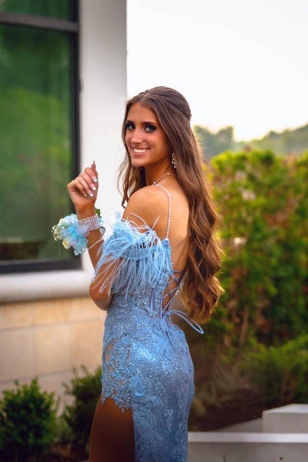 Blue Luxurious Off-The-Shoulder Sequined Mermaid Feather Party Dresses with Slit