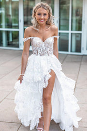 White Sequined V-Neck A-Line Layered Tulle Long Formal Dresses