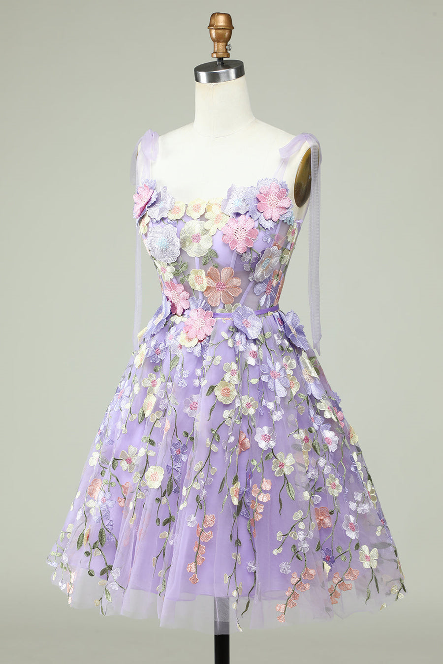 Lavender A-Line Short Tulle Lace Homecoming Dresses with Flowers