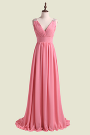 Pink V-Neck Sleeveless Long A-Line Bridesmaid Dresses with Ruffles