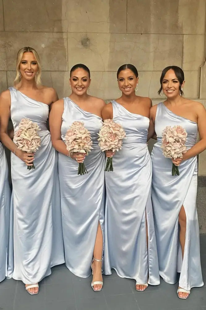 Sky Blue One-Shoulder Split Front Satin Mermaid Bridesmaid Dresses