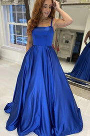 Royal Blue Square Neck A-Line Satin Party Prom Dresses with Pockets