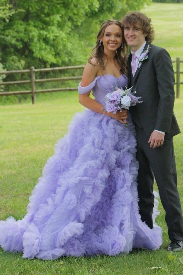 Lavender Off-The-Shoulder Ball Gown Tulle Prom Dresses