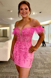 Candy Pink V-Neck Off-The- Shoulder Backless Homecoming Dresses with Appliques