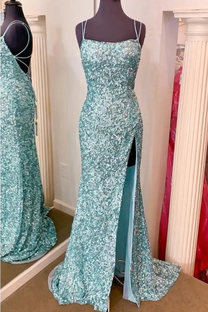 Blue Gorgeous Mermaid Spaghetti Straps Sequined Prom Dresses with Slit