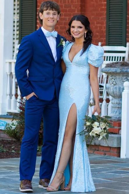 Sky Blue Floor-Length Sequined Short Sleeves Formal Dresses with Slit