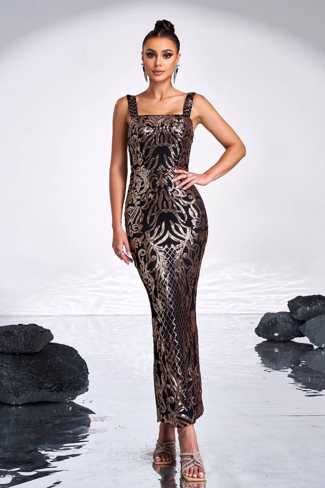 Ankle-Length Mermaid Sequin Square Neck Evening Dresses with Slit