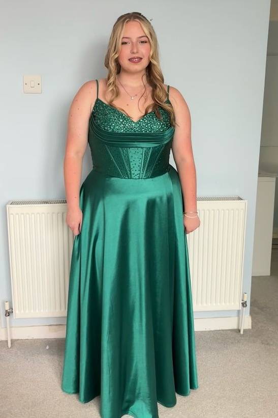 Dark Green Plus Size V-Neck Satin Prom Dresses with Beads