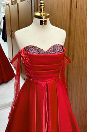 Red Beaded Sweetheart Long Sleeves Satin Tulle Ball Gown Dresses