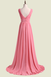 Pink V-Neck Sleeveless Long A-Line Bridesmaid Dresses with Ruffles