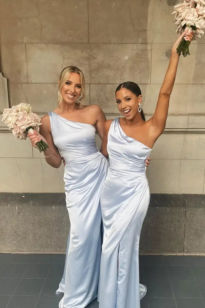 Sky Blue One-Shoulder Split Front Satin Mermaid Bridesmaid Dresses