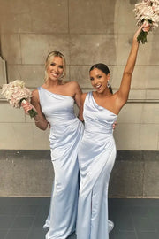 Sky Blue One-Shoulder Split Front Satin Mermaid Bridesmaid Dresses