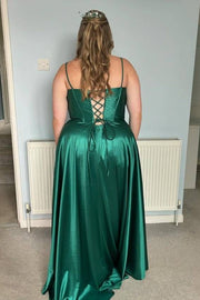 Dark Green Plus Size V-Neck Satin Prom Dresses with Beads