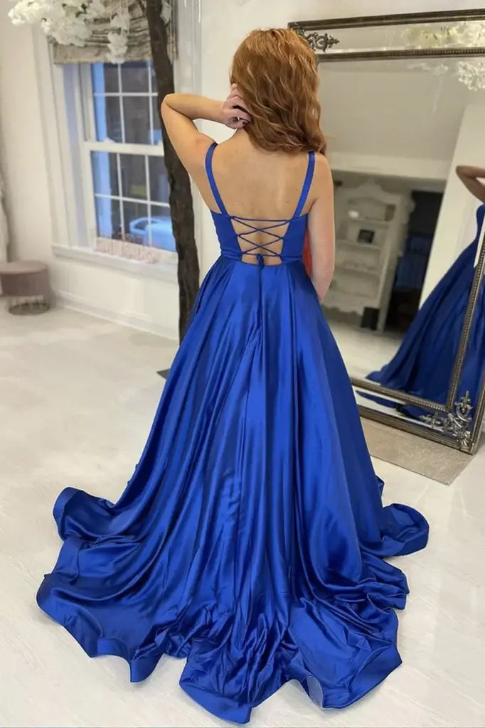 Royal Blue Square Neck A-Line Satin Party Prom Dresses with Pockets