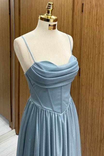 Sexy A-Line Satin Spaghetti Straps Satin Prom Dresses with Ruffles