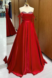 Red Beaded Sweetheart Long Sleeves Satin Tulle Ball Gown Dresses