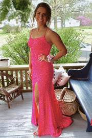 Fuchsia Gorgeous Mermaid Spaghetti Straps Sequined Prom Dresses with Slit