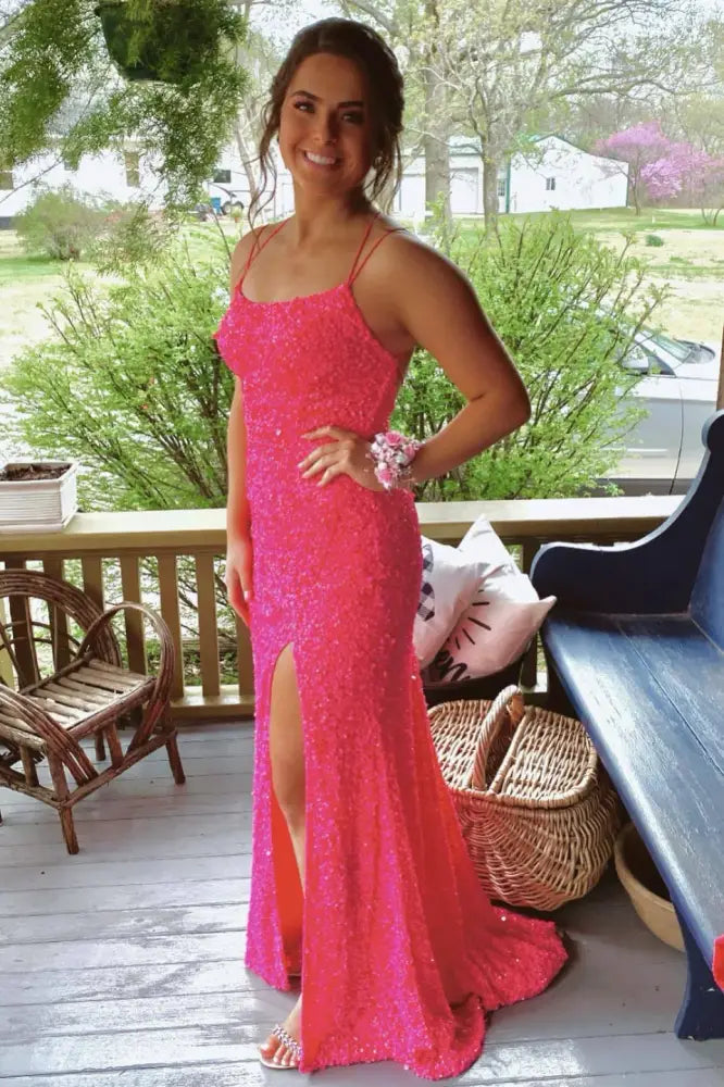 Fuchsia Gorgeous Mermaid Spaghetti Straps Sequined Prom Dresses with Slit