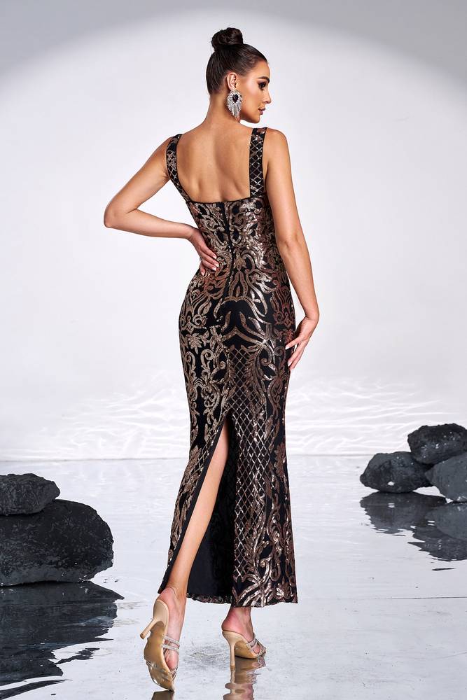 Ankle-Length Mermaid Sequin Square Neck Evening Dresses with Slit