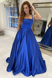 Royal Blue Square Neck A-Line Satin Party Prom Dresses with Pockets