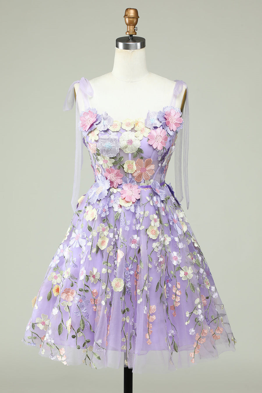 Lavender A-Line Short Tulle Lace Homecoming Dresses with Flowers