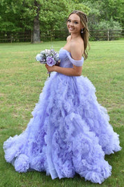 Lavender Off-The-Shoulder Ball Gown Tulle Prom Dresses