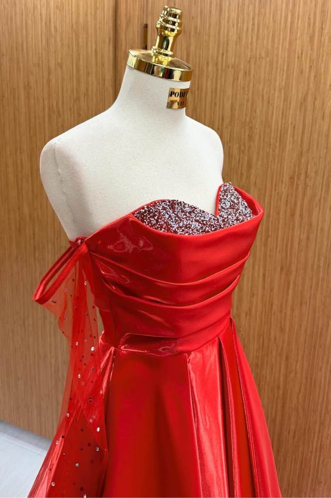 Red Beaded Sweetheart Long Sleeves Satin Tulle Ball Gown Dresses