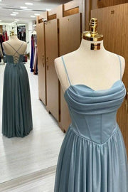 Sexy A-Line Satin Spaghetti Straps Satin Prom Dresses with Ruffles