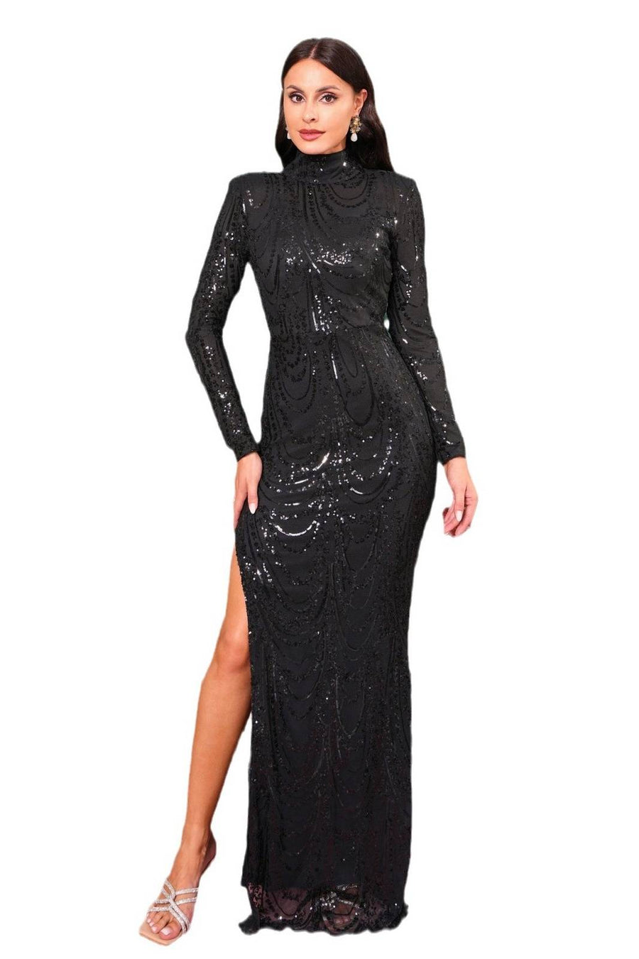 Black Sequined Mermaid Long Sleeves Evening Dresses with Slit