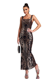 Ankle-Length Mermaid Sequin Square Neck Evening Dresses with Slit