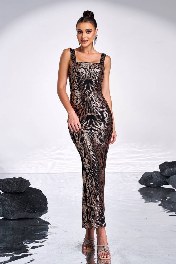 Ankle-Length Mermaid Sequin Square Neck Evening Dresses with Slit