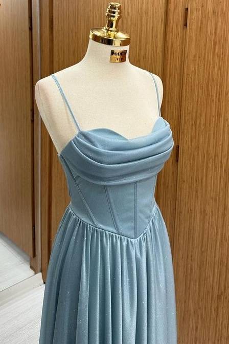 Sexy A-Line Satin Spaghetti Straps Satin Prom Dresses with Ruffles