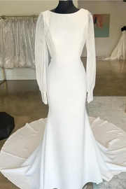 White Jewel Neck Long Sleeves Mermaid Long Wedding Dresses with Open Back