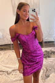 Chic Sequined Off-The-Shoulder Short Homecoming Dresses with Open Back