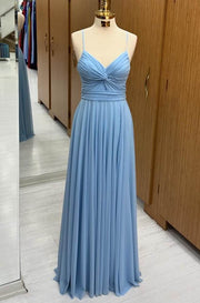 Blue V-Neck Floor-Length A-Line Prom Dresses with Ruffles