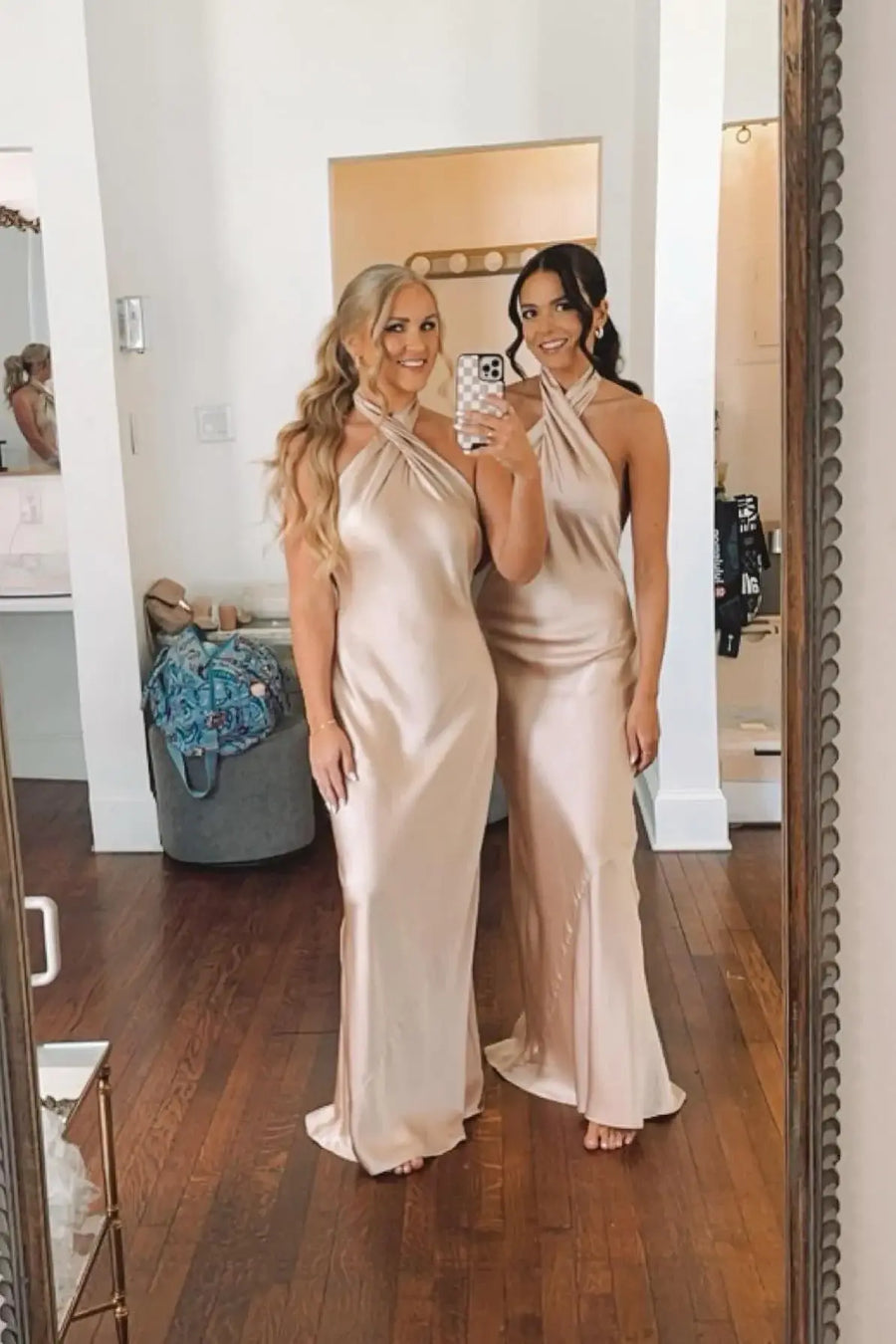 Champaghe Halter Backless Mermaid Satin Bridesmaid Dresses