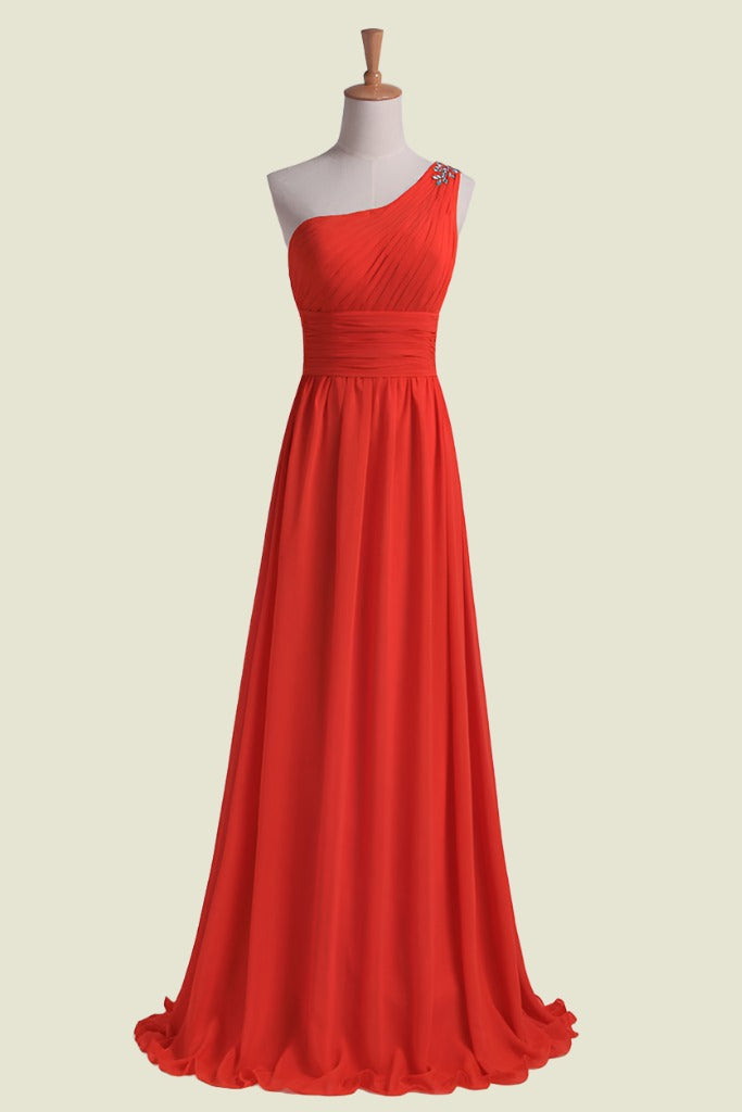 Red One-Shoulder A-Line Chiffon Long Bridesmaid Dresses