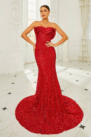 Red Sequined Mermaid Strapless Evening Dresses with Ruffles