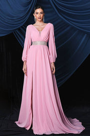 Pink Deep V-Neck Long Sleeves A-Line Chiffon Prom Dresses with Slit